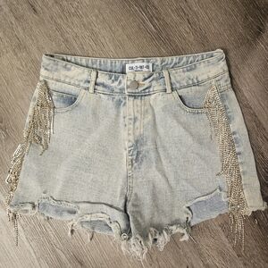 Light Blue Jean Shorts with Rhinestone Fringe